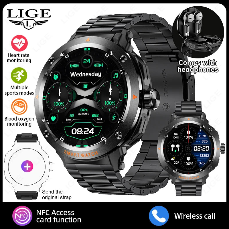 NFC Smart Watch Wireless Earphone 2 in1 Bluetooth Call Men Smart Watches Heart Rate Monitor Music Playing Headphones Smartwatch