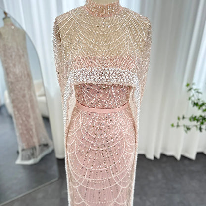 Sharon Said Luxury Pearls Dubai Champagne Evening Dresses with Cape New Arabic Women Mermaid Wedding Party Prom Dress SS369