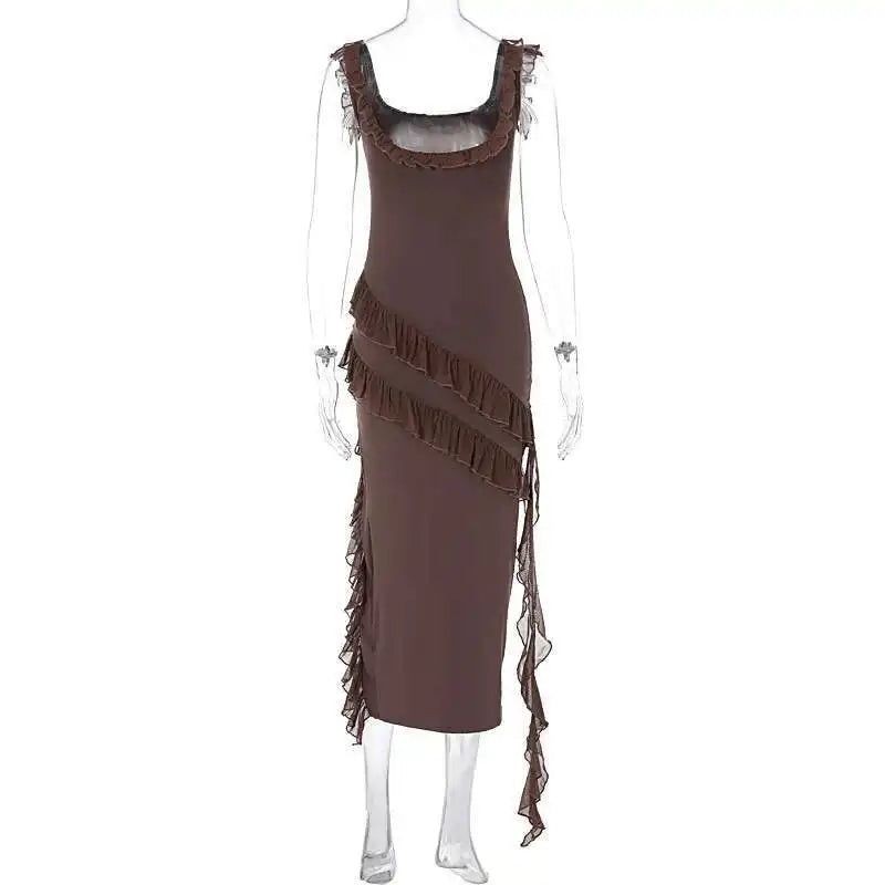 Giyu Sexy Ruffles Summer Dress 2025 Women Clothing Elegant Holiday Club Evening Party Dresses Slash Neck Split Bodycon Long Robe