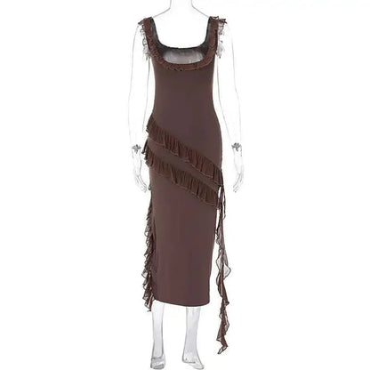 Giyu Sexy Ruffles Summer Dress 2025 Women Clothing Elegant Holiday Club Evening Party Dresses Slash Neck Split Bodycon Long Robe