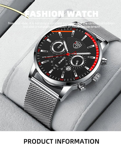 Mens Fashion Sports Watches Men Business Casual Quartz Wrist Watch Luxury Silvery Mesh Belt Watch