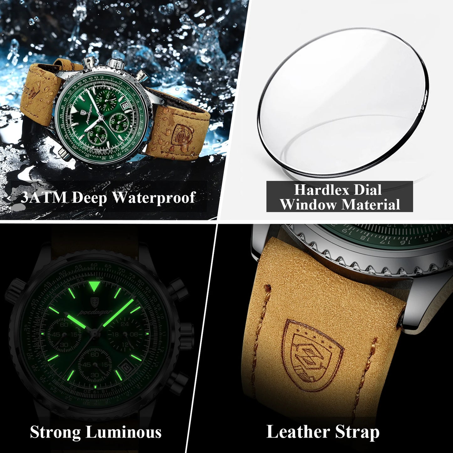POEDAGAR Business Men Wristwatch Waterproof Luminous Date Chronograph Sport Man Clock Leather Quartz Fashion Men's Watches Reloj