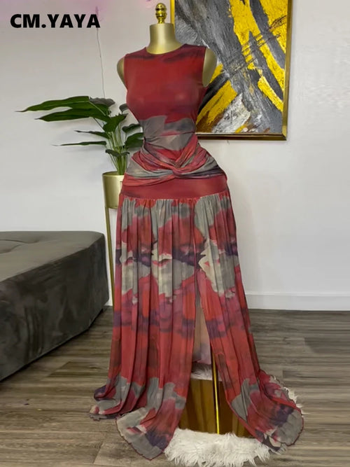 CM.YAYA Elegant Women Print Sleeveless Sweet O-neck Floor-Length Long Dress 2025 Beach Party Birthday Sexy Split Pleated Dresses
