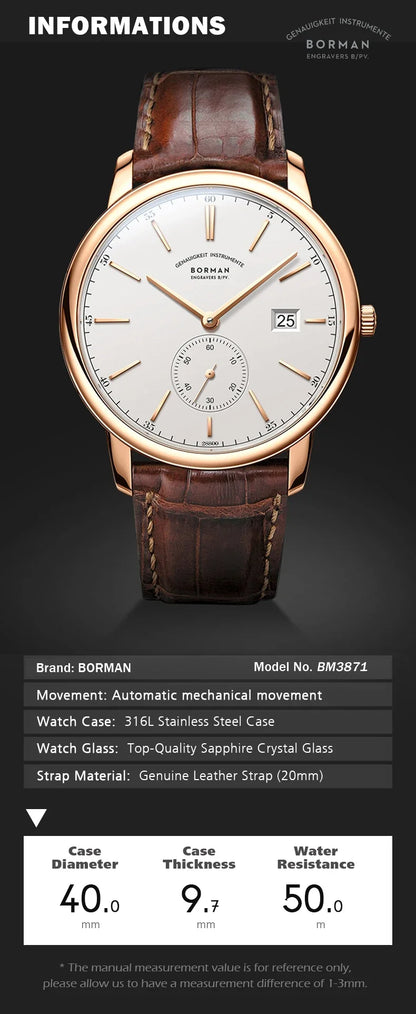 BORMAN Luxury Mens Automatic Mechanical Watch Rose Gold Case Sub Dial Sport Watches Genuine Leather High Quality Gentleman Clock