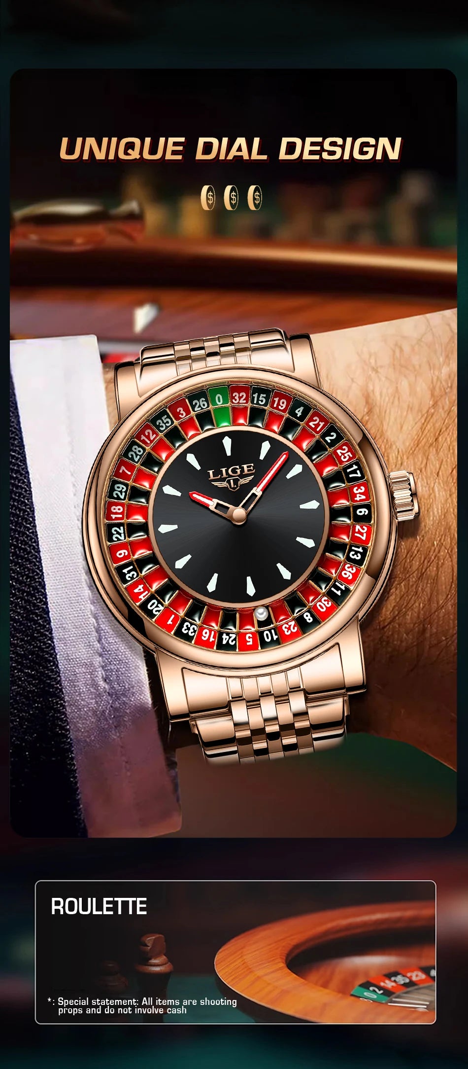 LIGE Quartz Man Watch Fashion Luxury Creative Roulette Game Dial Design Leather Casual Life Waterproof Watches for Men Gifts+Box