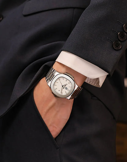 Fashion Luxury Business Square Quartz Watches Classic Stripe Design Dial with Stainless Steel Band Wristwatch for Men Relogio