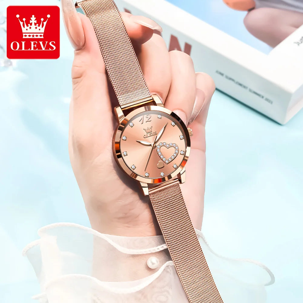 OLEVS 5189 Quartz Watch for Women Diamond Love Heart Design Fashion Elegant Rose Gold Mesh Steel Strap Waterproof Ladies Watches