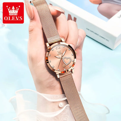 OLEVS 5189 Quartz Watch for Women Diamond Love Heart Design Fashion Elegant Rose Gold Mesh Steel Strap Waterproof Ladies Watches