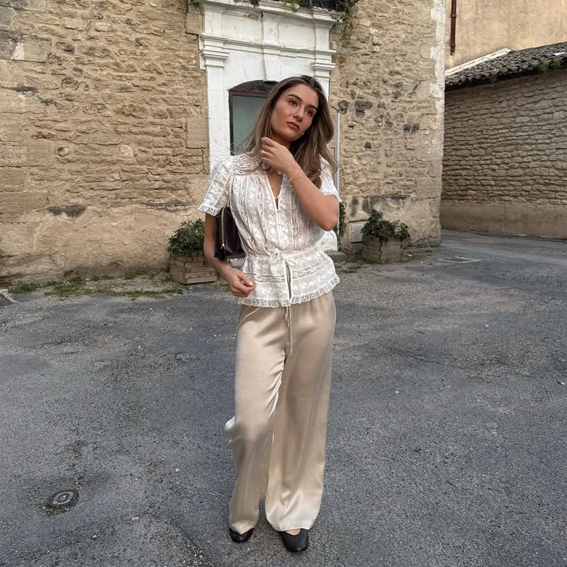 Solid Lapel Lace Patchwork Half Sleeve Shorts Set Women Chic Single Breasted Tops Pockets Pants Suits 2026 Daily Street Outfits