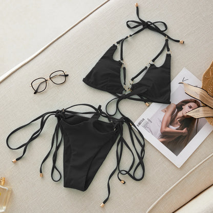 Brazilian Bikini Swimsuit for Women, Ring Linked Halter, Swimwear, Beachwear, 2025