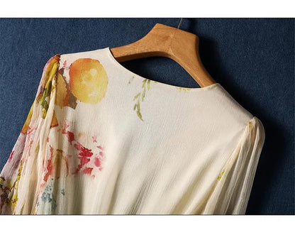 Limiguyue Summer Floral Print Silk Dresses Double Layers Ruffle Beaded Button A-Line Dress Elegant Chiffon Long Vestidos Z044