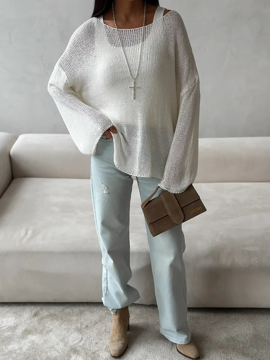 Bornladies Simple Solid Color Long Sleeved Sweater Women's Spring Knitted Hollow Top Loose Versatile Casual Sweater Pullovers