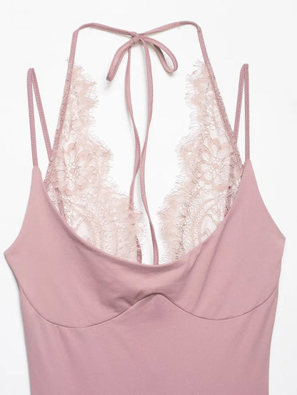 KONDALA 2026 Woman Sexy Night Party Pink Bodysuits Patchwork Lace Sleeveless Streetwear Slim Bodysuits Fashion Mujer Sheath Tops