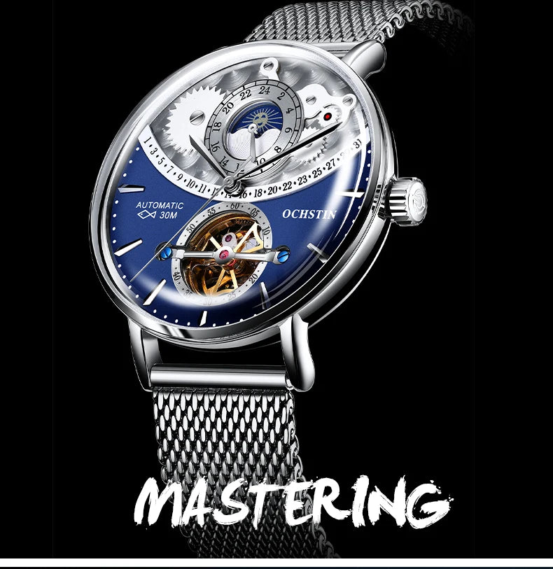OCHSTIN Men's Stainless Steel Mesh Bracelet Watches Man High-Grade Cooktop Glass Skeleton Mechanical Flying Tourbillon Watch