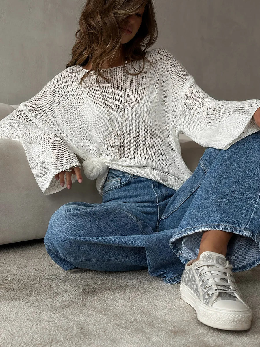 Bornladies Simple Solid Color Long Sleeved Sweater Women's Spring Knitted Hollow Top Loose Versatile Casual Sweater Pullovers