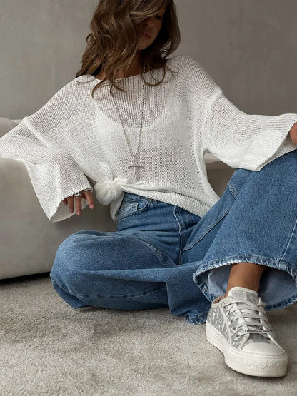 Bornladies Simple Solid Color Long Sleeved Sweater Women's Spring Knitted Hollow Top Loose Versatile Casual Sweater Pullovers