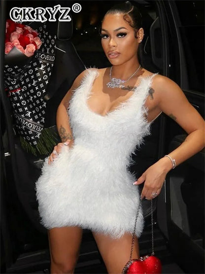 Ladies Summer Feather New Fashion Birthday Party Dress Women Sleeveless Backless Mini Dresses Woman Clothes Club Streetwear 2025