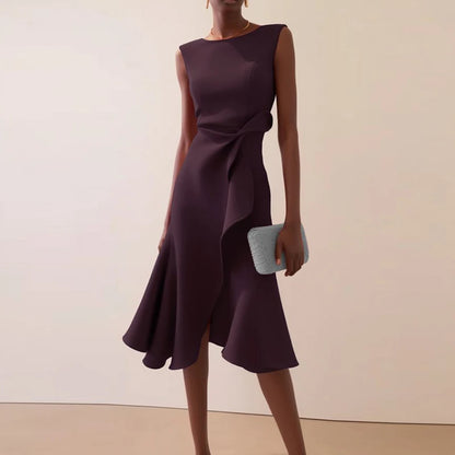Women Crew Neck Ruffle Banquet Dress Elegant Spring Solid High Waist Slim Long Dress 2025 Summer Sleeveless A-Line Party Dresses