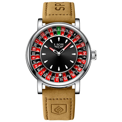 LIGE Quartz Man Watch Fashion Luxury Creative Roulette Game Dial Design Leather Casual Life Waterproof Watches for Men Gifts+Box