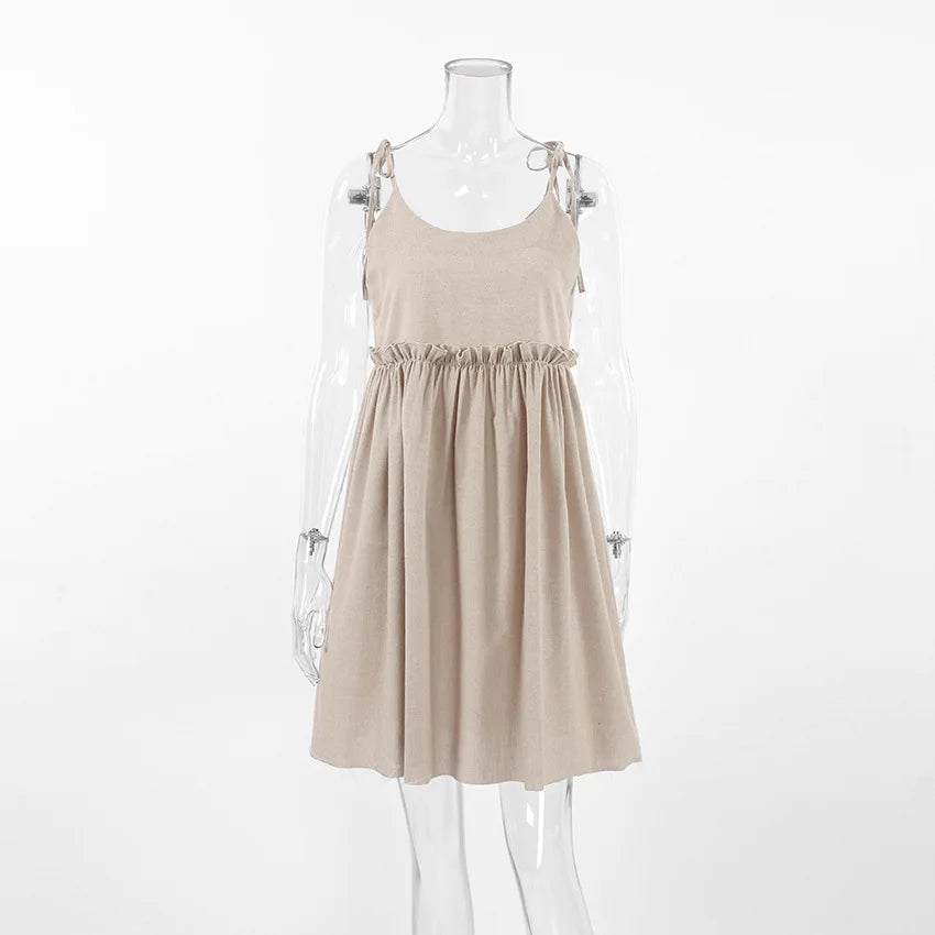 Solid Color Leace-up Spaghetti Strap Dresses Women Fashion Folds A-line Mini Dress Temperament Lady Commuting Short Vestidos New