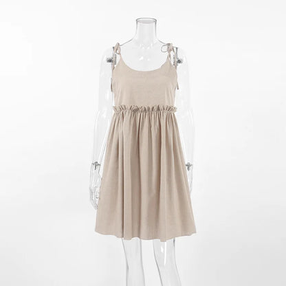 Solid Color Leace-up Spaghetti Strap Dresses Women Fashion Folds A-line Mini Dress Temperament Lady Commuting Short Vestidos New