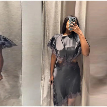 Sexy Lace Patchwork Waist Revealing Dress Women Fashion O-neck Short Sleeve High Waist Slim Dresses Female New Chic Casual Robe
