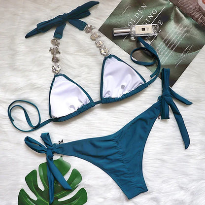 2026 Shiny Rhinestone Diamond Bikini Women Swimsuit Female Swimwear Two Pieces Bikini Set Halter Metal Chains Bathing Suit Swim