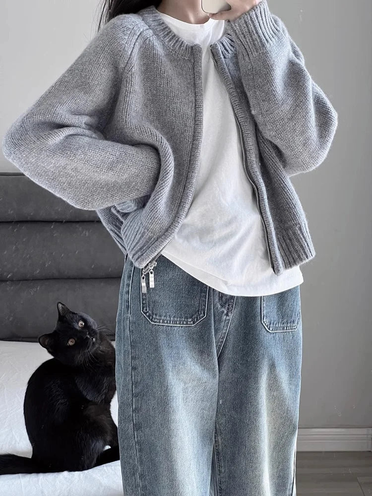 Korean Women Knitted Sweater Autumn Winter Chic Loose Long Sleeve Cardigan Tops Simple Solid Color Sweater Jacket