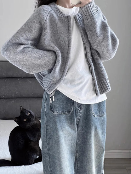 Korean Women Knitted Sweater Autumn Winter Chic Loose Long Sleeve Cardigan Tops Simple Solid Color Sweater Jacket