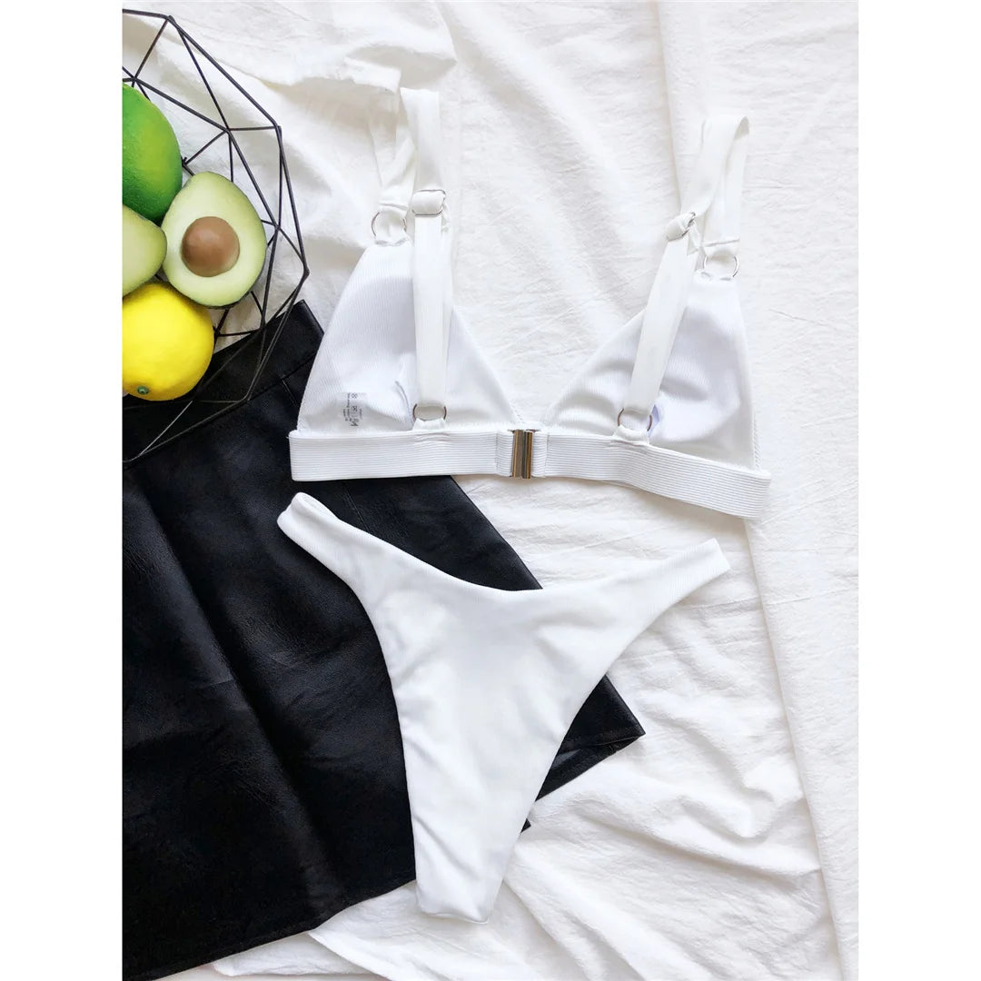 Sexy High Leg Cut Ribbed Bikini Women Swimwear Female Swimsuit Two-pieces Bikini set Padded Bather Bathing Suit Swim Lady V3255