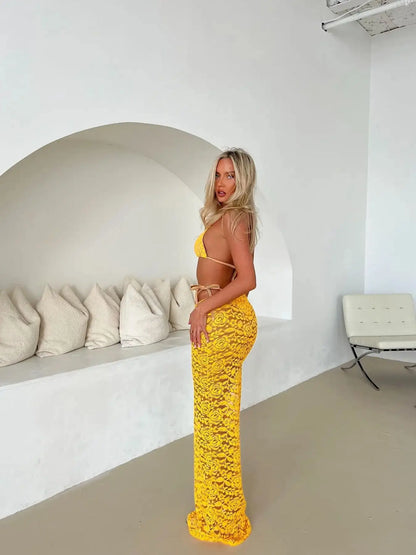 Sexy Lace 3 Pcs Bikini with Skirt Halter Women Lace Bra Swimwear Swimsuit Bathing Suit Beachwear Vacation Casual Female