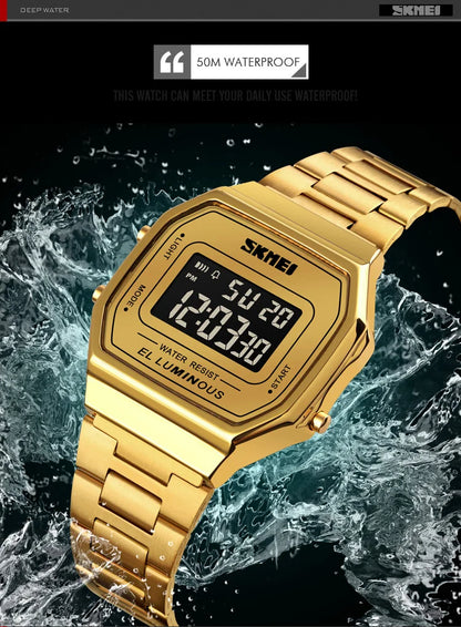 SKMEI 1647 Casual Simple Mens Wristwatches Stainless Steel Band Waterproof Watch Men reloj hombre Retro LED Digital Male Watches