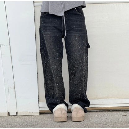 Chic Rhinestone Women's Jeans Y2k Street Oversize Loose Shining Female Wide Leg Pants 2025 Spring Summer Lady Denim Trousers