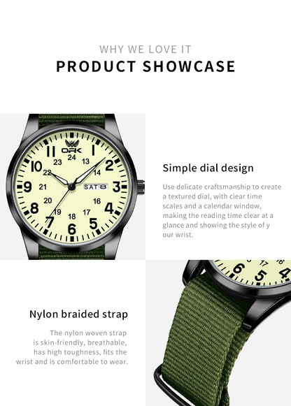 OPK 6090 Quartz Watches for Man Fashion Casual Nylon Webbing Watchband Dual Calendar Waterproof Luminous Men's Sports Watches