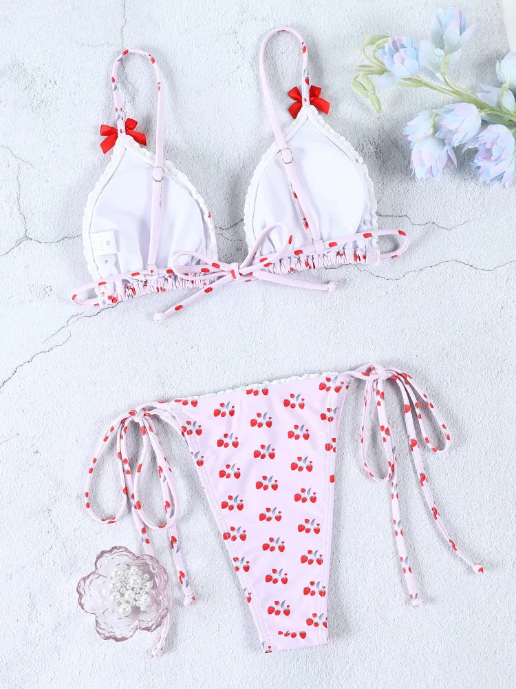 Triangle Bikinis Bow Swimsuit Women Sexy Swimwear Bandage Bikini Set Summer Biquini Female Beachwear Low Waist Thong Swimsuits