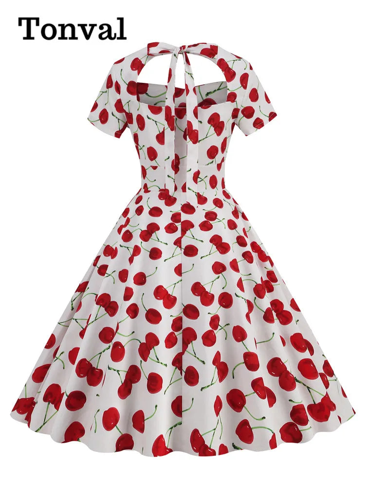 Tonval Sweetheart Neck High Waist Cherry Vintage 50s Midi Dress Short Sleeve Backless Women Tie Back Cotton Rockabilly Dresses