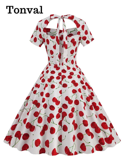 Tonval Sweetheart Neck High Waist Cherry Vintage 50s Midi Dress Short Sleeve Backless Women Tie Back Cotton Rockabilly Dresses