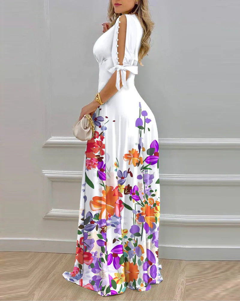 Elegant Women's Dresses Summer Fashion Split Sleeve Pearls Decor Plants Print Split Sleeve Casual V-Neck Half Sleeve Maxi Dress