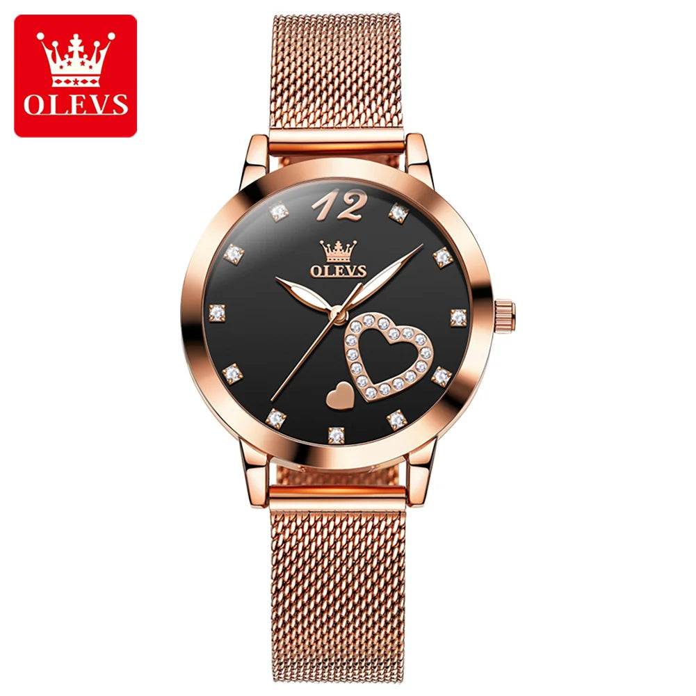 OLEVS 5189 Quartz Watch for Women Diamond Love Heart Design Fashion Elegant Rose Gold Mesh Steel Strap Waterproof Ladies Watches