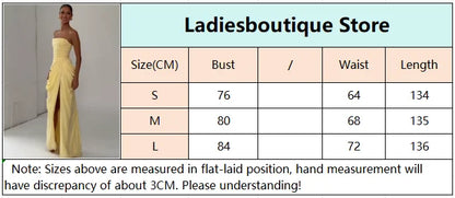 Elegant Yellow Strapless Pleated Dress Women Chic Sleeveless Waist Cinching Split Maxi Gowns Lady Evening Party Dresses 2026 New