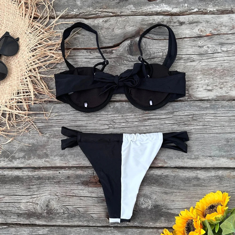 2025 Solid Thong Brazilian Bikinis Swimwear Women Swimsuit  Black White Bikini Set Bathing Suit Female Summer Beach Wear Biquini