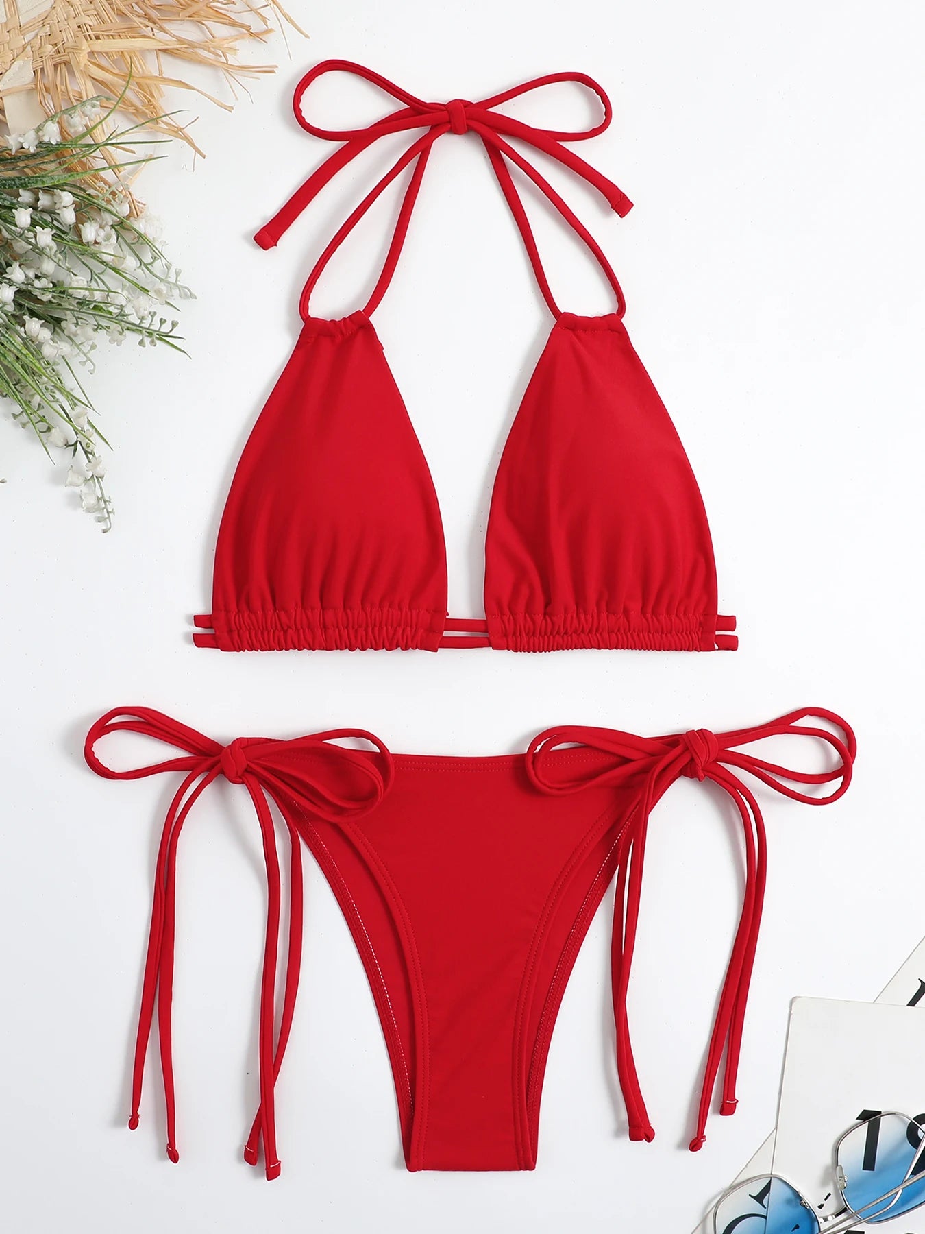 2025 Sexy Solid Bandage Bikini Halter Strappy Swimwear Women Swimsuit Female Two Pieces Bikini Set Low Waist Bathing Suit Bather