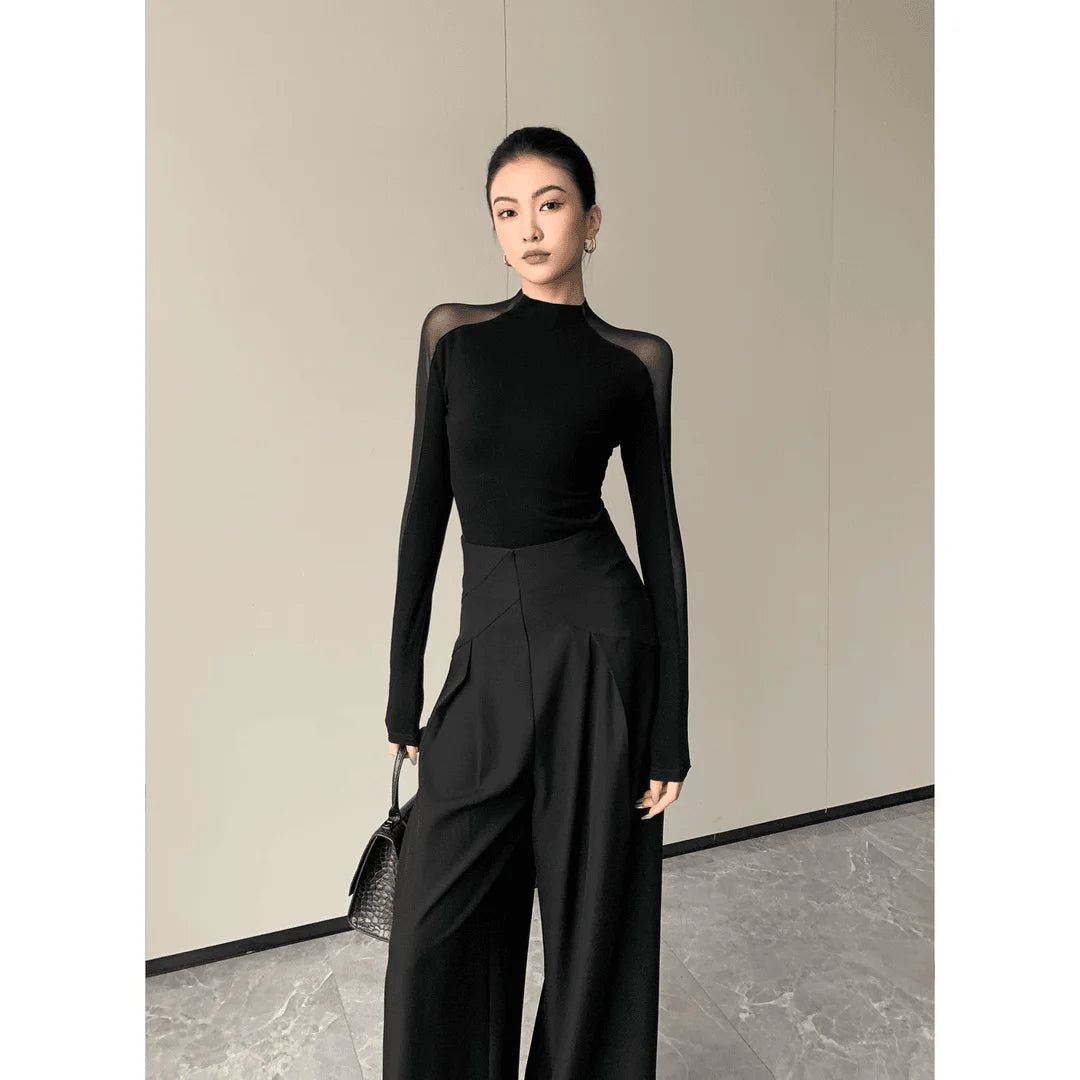 Women Clothing Korean Fashion Sexy See Through Mesh Patchwork Basic T Shirt Office Lady Elegant Chic Black Long Sleeve Slim Tops