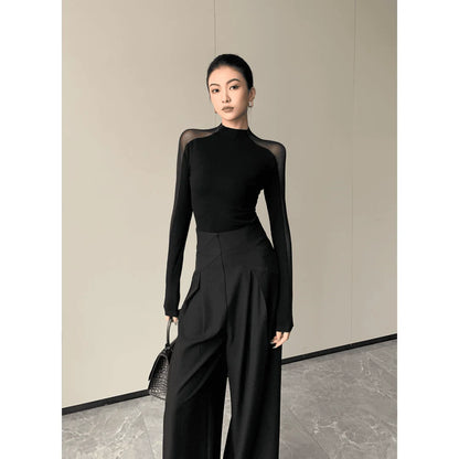 Women Clothing Korean Fashion Sexy See Through Mesh Patchwork Basic T Shirt Office Lady Elegant Chic Black Long Sleeve Slim Tops