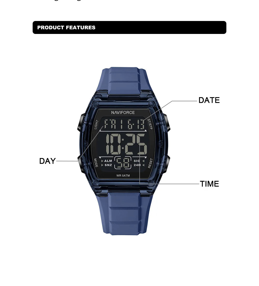 NAVIFORCE Top Brand Luxury Mens Watches Alarm Stopwatch LED Digital Backlight Display Waterproof Sport Watch Men Montre Homme