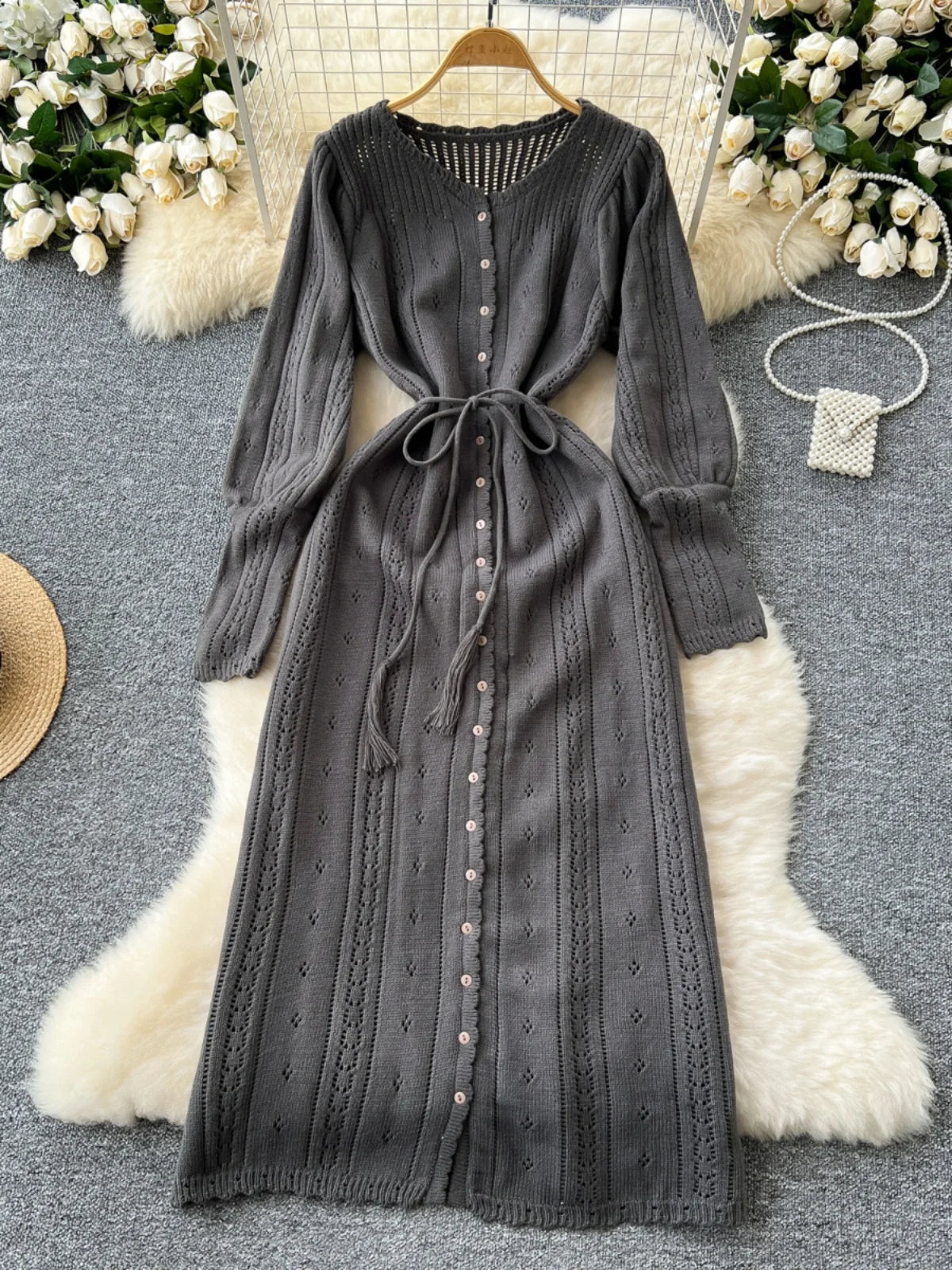 Women's Solid Single Breasted Hollow Out Knit Lace-up Dress Autumn Fashion Round Neck Elegant Festival Sweater Long Dresses 2024
