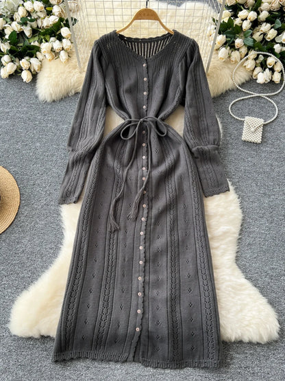 Women's Solid Single Breasted Hollow Out Knit Lace-up Dress Autumn Fashion Round Neck Elegant Festival Sweater Long Dresses 2024