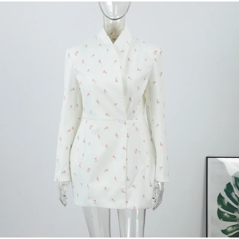 White Waist Cinching Floral Shoulder Pad Blazer Long Sleeve Single Breasted Jacket for Summer 2025 Elagant Female Outwear