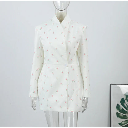 White Waist Cinching Floral Shoulder Pad Blazer Long Sleeve Single Breasted Jacket for Summer 2025 Elagant Female Outwear