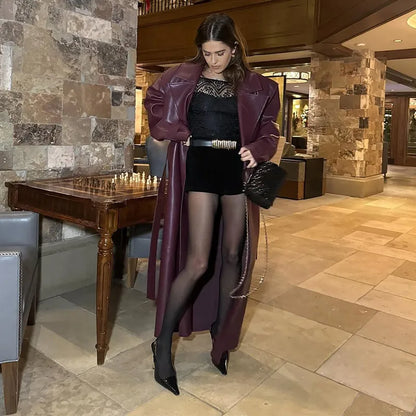 Street Pu Leather Women Long Coat Y2K Solid Belt Lapel Pocket Full Sleeve Female Jacket 2025 Autumn Winter Lady Outwear New